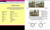 The right screenshot shows the modules page of the website with clinician and patient targeted content clearly separated. The left screenshot shows a patient-targeted PDF module that demonstrates proper wheelchair propulsion techniques.